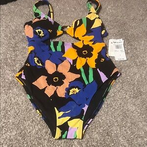 Roxy Black Floral Cutout One-Piece Swimsuit with Yellow & Blue Blooms